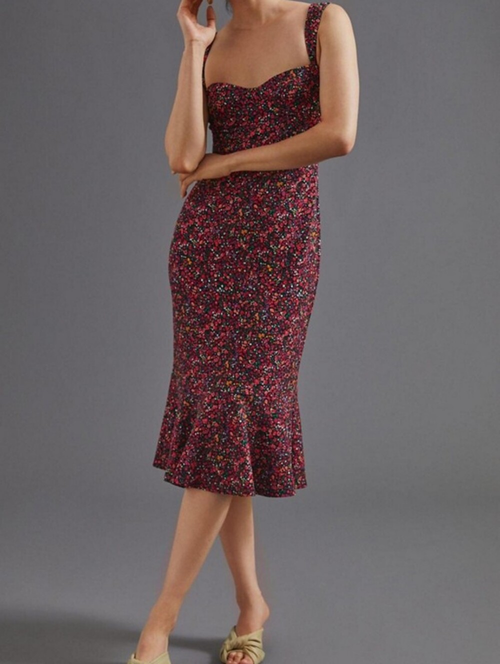 Hutch Floral Sweetheart Midi Dress - Black with Red Floral Size Small